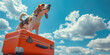 © paffy - Adventurous beagle on an orange suitcase under a cloudy sky, dreaming of travel, pet ready for a journey.