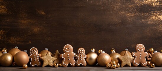 Aufkleber - A copy space image featuring gingerbread cookies adorned with Christmas tree balls against a brown background