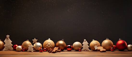 Aufkleber - A copy space image featuring gingerbread cookies adorned with Christmas tree balls against a brown background