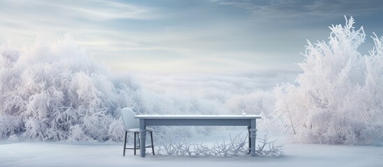 Fototapete - A desk adorned with a decorative frost pattern creating a wintry scene against a snowy backdrop Ideal for copy space images