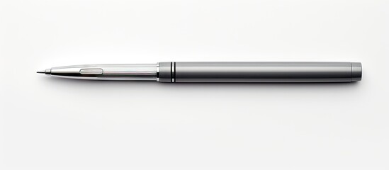 A ballpoint pen rests on a white background with ample copy space for text or design elements