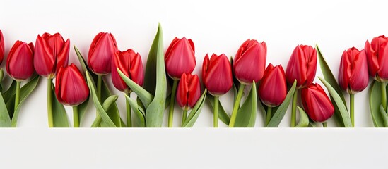 Poster - A close up image of a bunch of red tulips isolated on a white background creating a spring flowers banner The photo concept features the beauty of the tulips with copy space available