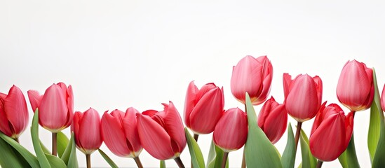 Poster - A close up image of a bunch of red tulips isolated on a white background creating a spring flowers banner The photo concept features the beauty of the tulips with copy space available