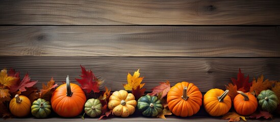 Poster - A copy space image featuring autumn leaves and pumpkins arranged on an old wooden background