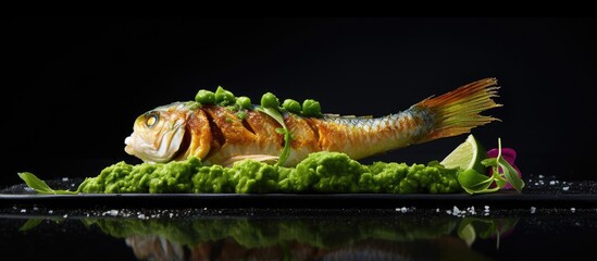 Aufkleber - A crispy ocean perch with a velvet snow peas puree and vibrant adamame ready for a photo shoot with ample copy space image