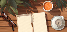 Open Notebook On Table With Coffee Cup, Glasses And Green Plant. 16:9 Banner Background Image Png. 