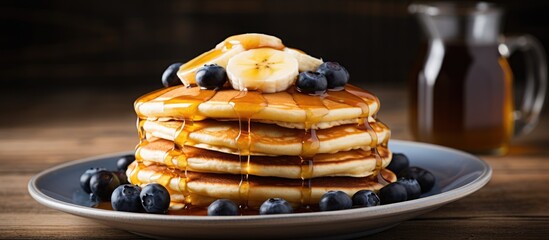 Aufkleber - A breakfast of fluffy pancakes topped with banana blueberries and maple syrup displayed on a wooden background with copy space
