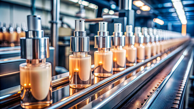 An assembly line of perfume bottles on a conveyor belt. AI Generative