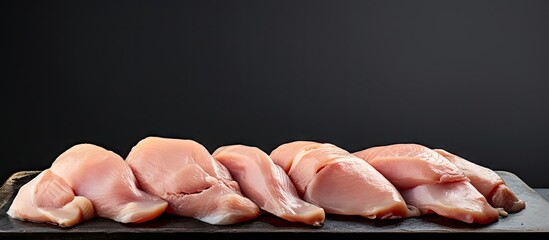 Poster - A copy space image featuring chicken breasts arranged on a gray background allowing room for text