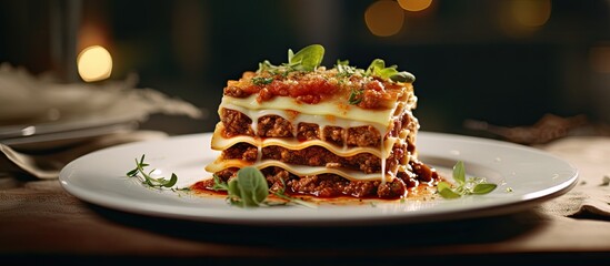 Fototapete - A copy space image of lasagna is presented on a white plate inside a restaurant