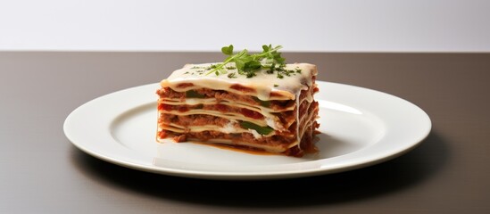 Fototapete - A copy space image of lasagna is presented on a white plate inside a restaurant