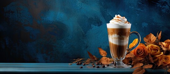 Poster - A creative autumn espresso drink features an enticing Irish coffee cocktail topped with whipped cream and cocoa The image backdrop consists of a captivating blue concrete providing ample copy space