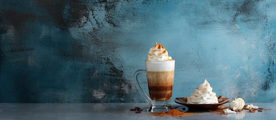 Poster - A creative autumn espresso drink features an enticing Irish coffee cocktail topped with whipped cream and cocoa The image backdrop consists of a captivating blue concrete providing ample copy space