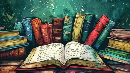 Wall Mural - A watercolor painting of a stack of old books with an open book in front of it.