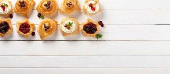 Aufkleber - A festive assortment of phyllo pastry appetizers featuring cranberries and baked brie arranged on a white wood background The top view table scene offers a captivating copy space image