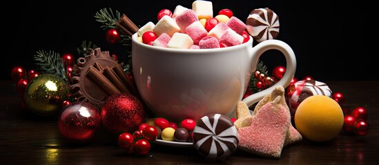 Fototapete - A cup filled with traditional Christmas candies provides a delightful and festive treat. with copy space image. Place for adding text or design
