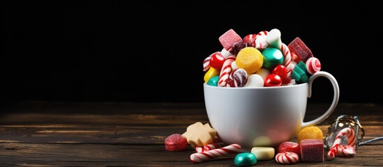 Fototapete - A cup filled with traditional Christmas candies provides a delightful and festive treat. with copy space image. Place for adding text or design