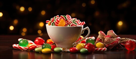 Fototapete - A cup filled with traditional Christmas candies provides a delightful and festive treat. with copy space image. Place for adding text or design