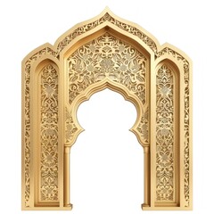 Luxury Islamic gate arch facade in golden color isolated on white background. AI generated image