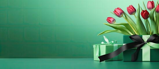 Aufkleber - A copy space image of a figure 8 with a gift box and stunning tulips on a vibrant green background celebrating International Women s Day