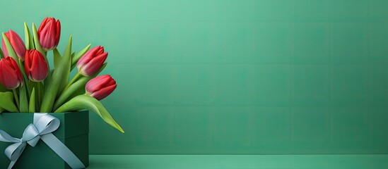 Aufkleber - A copy space image of a figure 8 with a gift box and stunning tulips on a vibrant green background celebrating International Women s Day