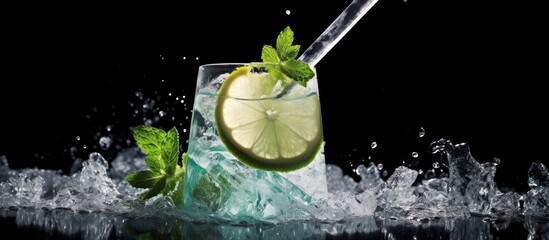 Poster - A close up of a lime freeze motion mojito cocktail with knife ice and mint elements on a black background for copy space image