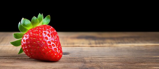 Wall Mural - A copy space image featuring a ripe strawberry placed on a rustic wooden surface