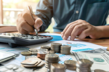 Person calculating finances with coins, calculator, and financial documents on desk.