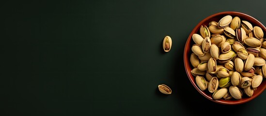 A bowl of pistachio nuts for beer snacks photographed from a top view with copy space in a flat lay style