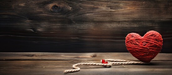 Wall Mural - A copy space image of a Valentine s Day concept showcases a heartwarming love message intricately formed from woolen rope set against a rustic wooden backdrop