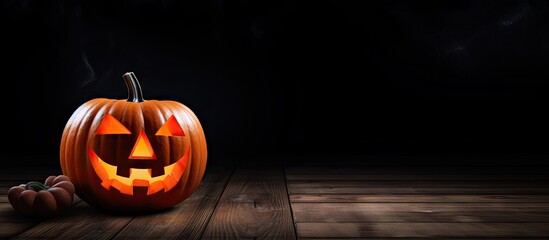 Poster - A card is placed next to a Halloween pumpkin on a black wooden background providing space for written messages or announcements. with copy space image. Place for adding text or design