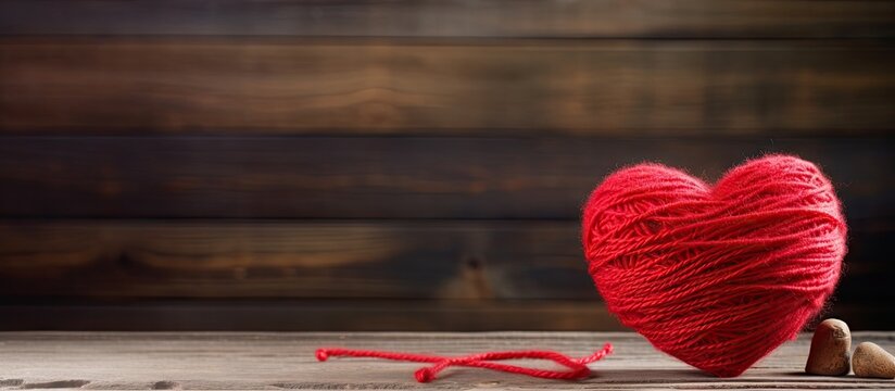 A copy space image of a Valentine s Day concept showcases a heartwarming love message intricately formed from woolen rope set against a rustic wooden backdrop