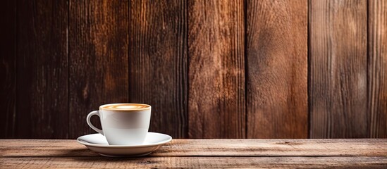Aufkleber - A copy space image of a coffee cup resting on a rustic wooden table