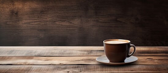 Wall Mural - A copy space image of a coffee cup resting on a rustic wooden table