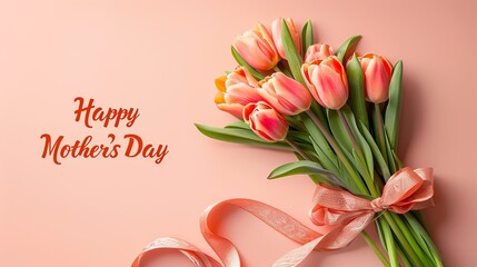 Wall Mural - a bunch of tulips tied with a ribbon bow, light peach color background with the text 