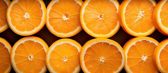 Poster - A close up view of freshly sliced oranges with a juicy and appetizing texture It is captured from a top angle providing a visually appealing copy space image The oranges create a vibrant and mouthwat