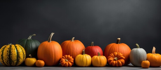 Poster - A copy space image of pumpkins set against a dark grey background