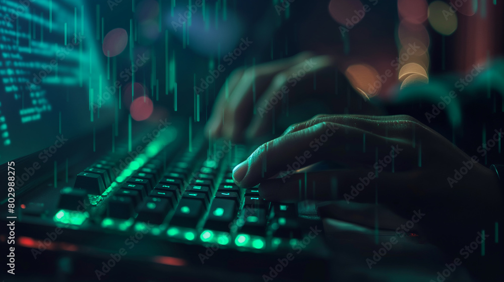Cyber security Expert Typing on Backlit Keyboard. Close-up of a ...