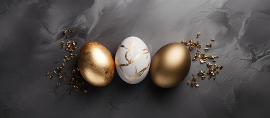 Poster - A collection of three Easter eggs in golden silver and bronze hues beautifully adorned is displayed on a gray backdrop perfect for adding text or other elements This contemporary and restrained Easte