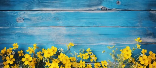 Fototapete - A copy space image featuring vibrant yellow wildflowers against a rustic blue wooden backdrop