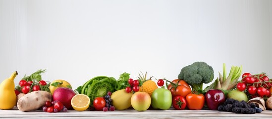 A copy space image of various fresh fruits and vegetables neatly arranged on a rustic white wood table