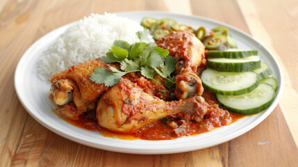 Wall Mural - Delicious malaysian chicken curry with jasmine rice, fresh cucumber, and cilantro garnish, presented on a white plate