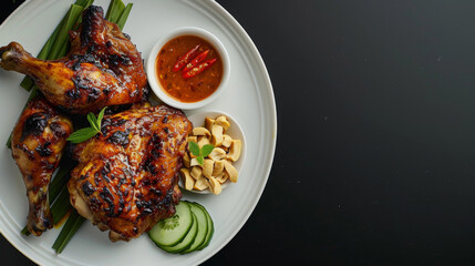Wall Mural - Succulent grilled chicken legs served with spicy sauce, cucumber slices, and roasted nuts on a white plate, malaysian cuisine