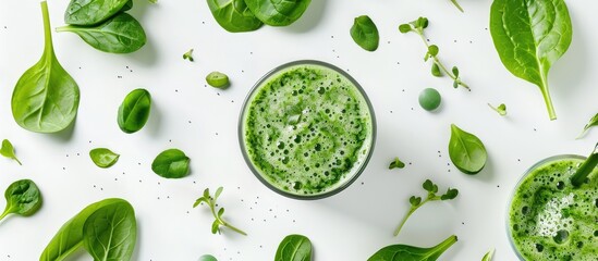 Healthy snack smoothie with detoxifying green vitamins on a white backdrop
