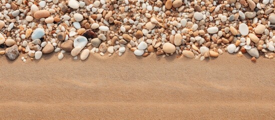 Wall Mural - A close up of a beautiful textured background on a summer beach with sand and small stones near the sea A copy space image