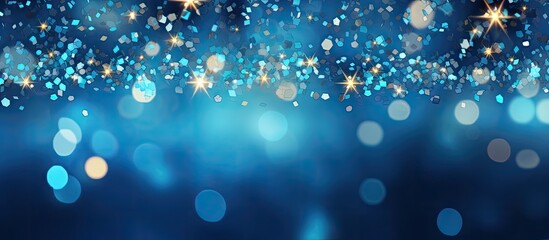 Fototapete - A festive blue background with sparkling confetti stars and bokeh lights creating a vibrant holiday atmosphere The flat lay perspective captured from above offers a copy space for various occasions s