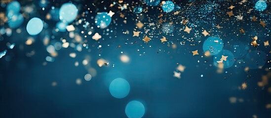 Fototapete - A festive blue background with sparkling confetti stars and bokeh lights creating a vibrant holiday atmosphere The flat lay perspective captured from above offers a copy space for various occasions s