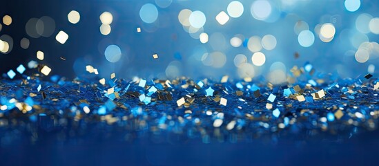 Fototapete - A festive blue background with sparkling confetti stars and bokeh lights creating a vibrant holiday atmosphere The flat lay perspective captured from above offers a copy space for various occasions s
