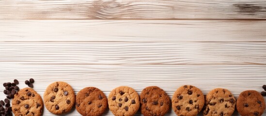 Fototapete - A border of oatmeal and chocolate drop cookies arranged on a white wooden background leaving copy space for the perfect dessert accompaniment to tea
