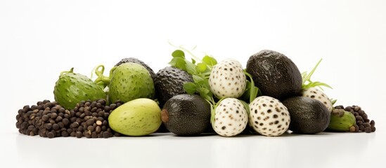 Wall Mural - A delectable arrangement of quail eggs avocado and cucumber atop a white background with ample copy space image